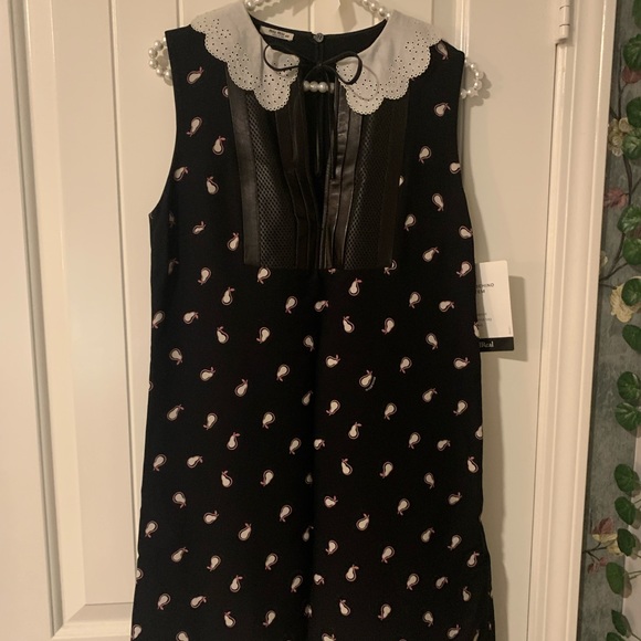 MIU MIU EMBELLISHED LEATHER DETAILED COLLAR MINI DRESS - Picture 1 of 7